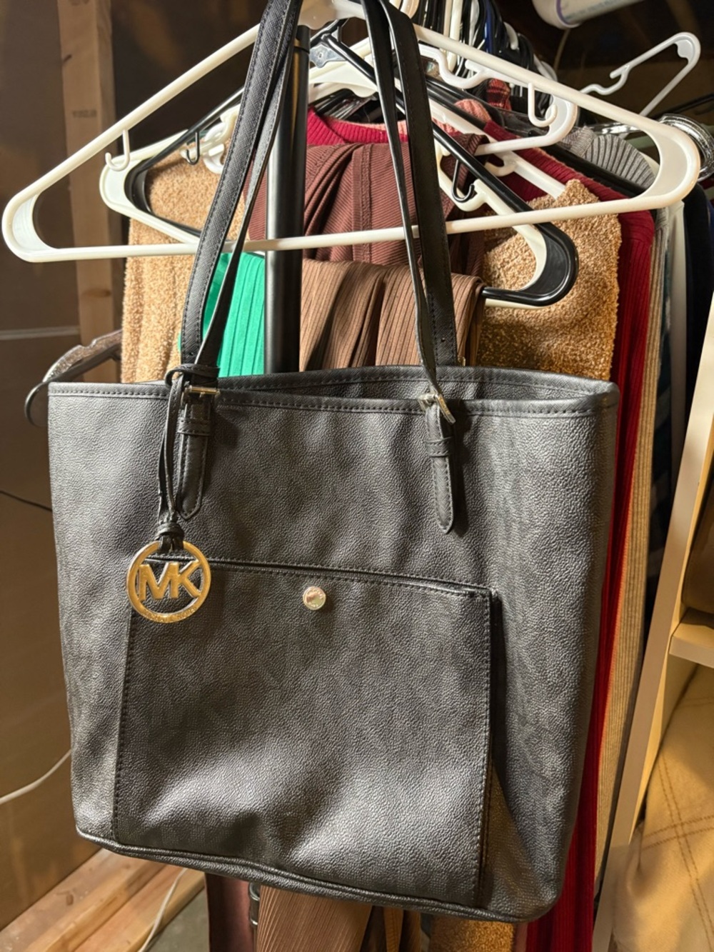 Michael Kors Black Leather Tote with Gold MK Charm